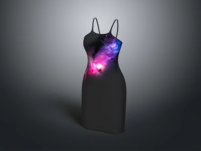 Stylish Black Spaghetti Strap Dress With Colorful Galaxy Print On Chest And Waist 3d model