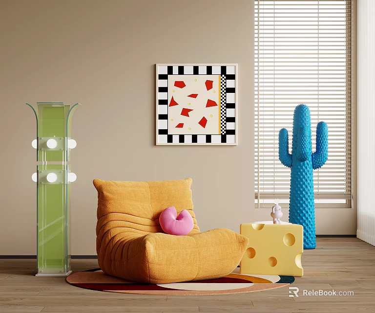 Yellow Single Sofa with Pink Cushion Green Lamp Blue Cactus Decor Cheese Stool in Room 3d model 