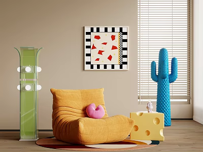 Yellow Single Sofa with Pink Cushion Green Lamp Blue Cactus Decor Cheese Stool in Room 3d model