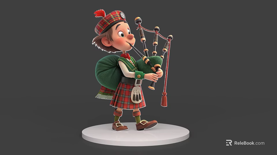 Game and Movie Character in Scottish Costume with Tartan Hat Playing Bagpipes with Green Backpack 3d model 