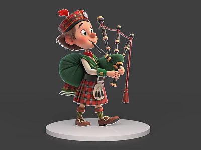Game and Movie Character in Scottish Costume with Tartan Hat Playing Bagpipes with Green Backpack 3d model