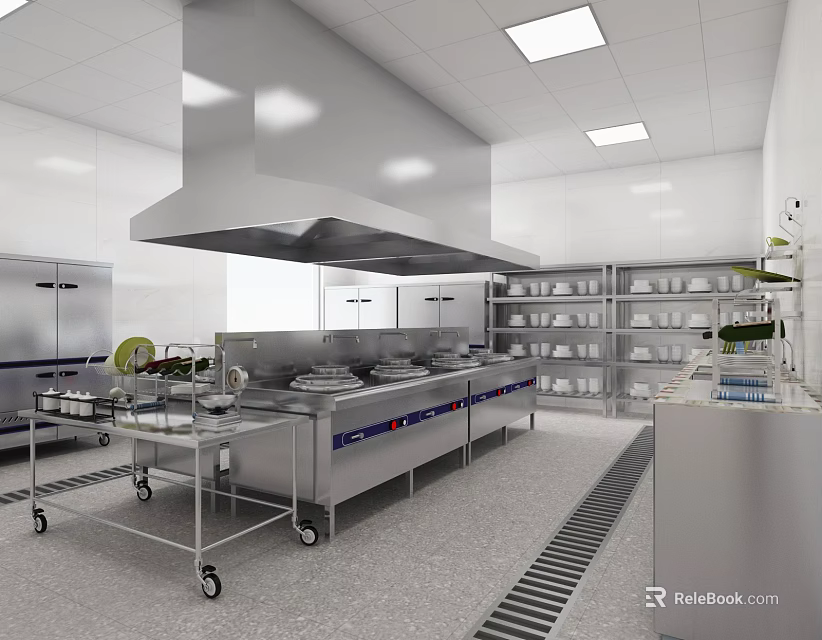 Commercial Kitchen Interior With Stainless Steel Workstations Storage Shelves And Range Hood 3d model 