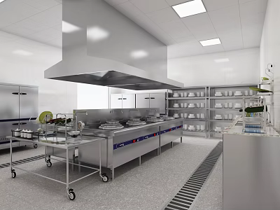 Commercial Kitchen Interior With Stainless Steel Workstations Storage Shelves And Range Hood 3d model
