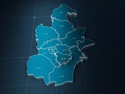 Blue Regional Map On Grid Background With Geographical Divisions Marked Points And Central Yellow Marker 3d model