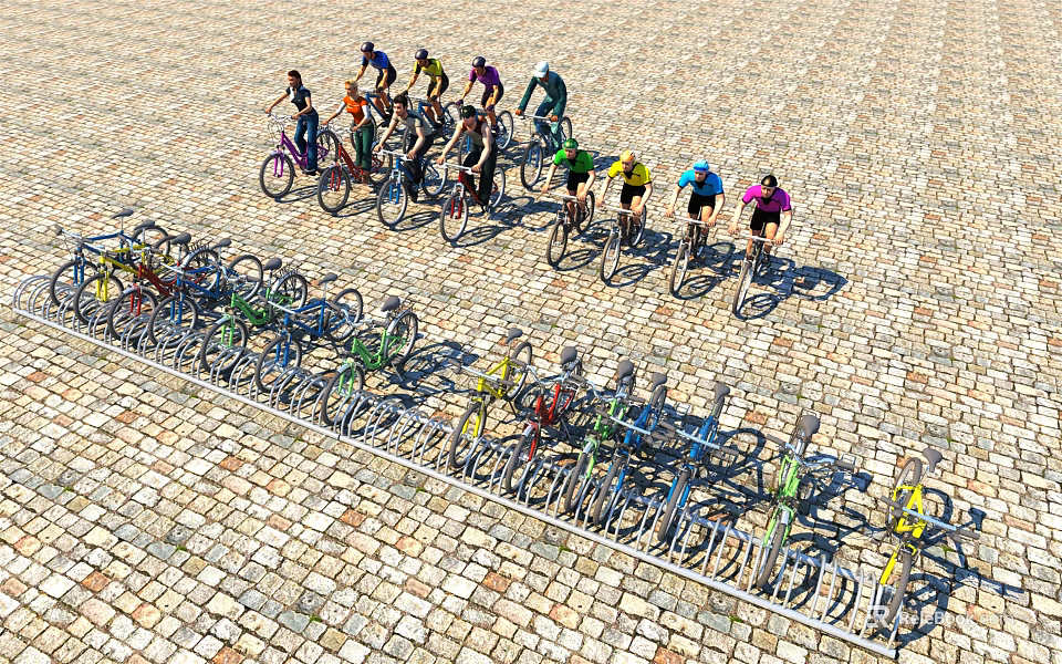 Group of Cyclists Riding Bicycles Near Lined Up Parked Bikes on Cobblestone Ground 3d model 