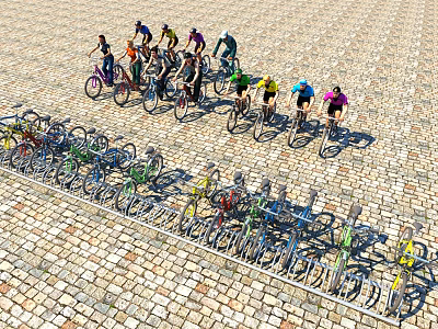 Group of Cyclists Riding Bicycles Near Lined Up Parked Bikes on Cobblestone Ground 3d model