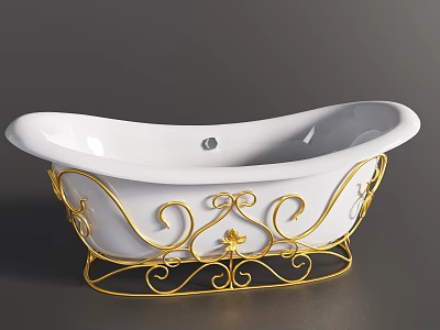 White Bathtub With Ornate Gold Iron Stand And Curved Decorative Details 3d model