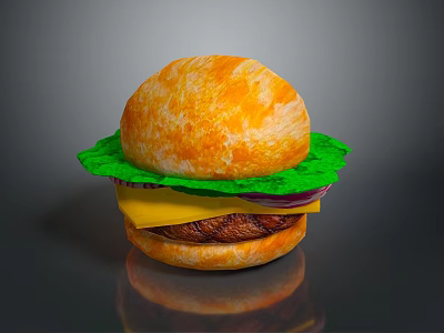 Juicy Hamburger With Orange Bun Green Lettuce Yellow Cheese Red Onion And Beef Patty 3d model