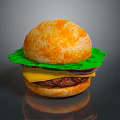 Juicy Hamburger With Orange Bun Green Lettuce Yellow Cheese Red Onion And Beef Patty
