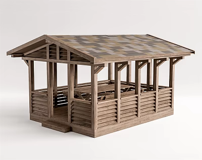 Wooden Landscape Pavilion Design With Open Structure Pillars Railings And Classic Roof 3d model