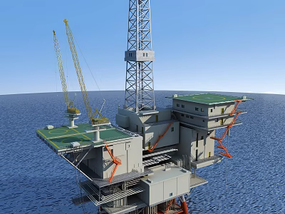 Industrial Equipment For Offshore Oil Drilling Platform With Drilling Tower And Cranes 3d model