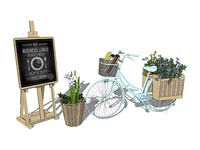 Vintage Bicycle With Front Rear Baskets Books Purple Flowers Near Easel Blackboard Spring 3d model