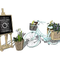 Vintage Bicycle With Front Rear Baskets Books Purple Flowers Near Easel Blackboard Spring