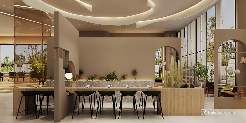 Modern Café Interior Design With Wooden Bar Counter Black Stools And Green Plants 3d model 