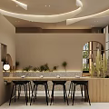 Modern Café Interior Design With Wooden Bar Counter Black Stools And Green Plants