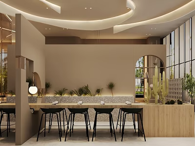 Modern Café Interior Design With Wooden Bar Counter Black Stools And Green Plants 3d model