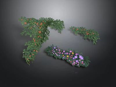 Lush Green Vine And Bush Plants With Orange Fruits And Purple Pink Yellow Flowers 3d model