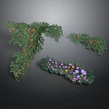 Lush Green Vine And Bush Plants With Orange Fruits And Purple Pink Yellow Flowers