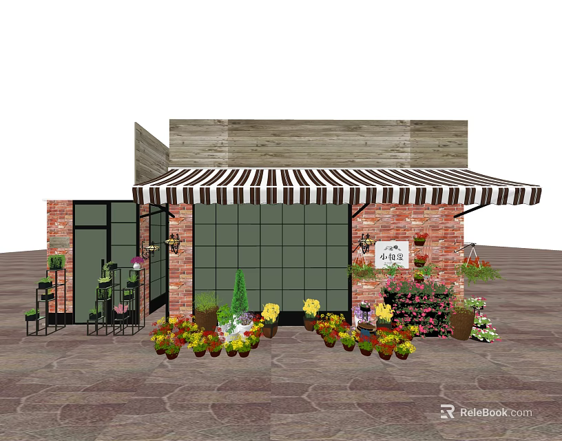 Flower Shop With Red Brick Wall Striped Awning And Colorful Potted Plants 3d model 