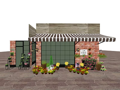 Flower Shop With Red Brick Wall Striped Awning And Colorful Potted Plants 3d model