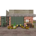 Flower Shop With Red Brick Wall Striped Awning And Colorful Potted Plants