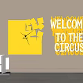 Yellow Wall Decor With Broken Design Clock Element And 3D Welcome to the Circus Letters