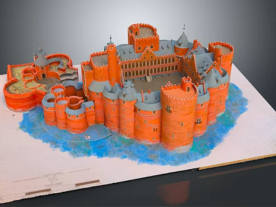 Colorful Cartoon Castle Scene with Orange Walls Grey Towers and Blue Moat 3d model