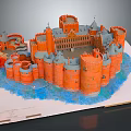 Colorful Cartoon Castle Scene with Orange Walls Grey Towers and Blue Moat
