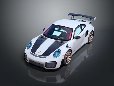 White Sports Car With Black Stripes Rear Spoiler And Golden Alloy Wheels 3d model