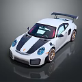 White Sports Car With Black Stripes Rear Spoiler And Golden Alloy Wheels