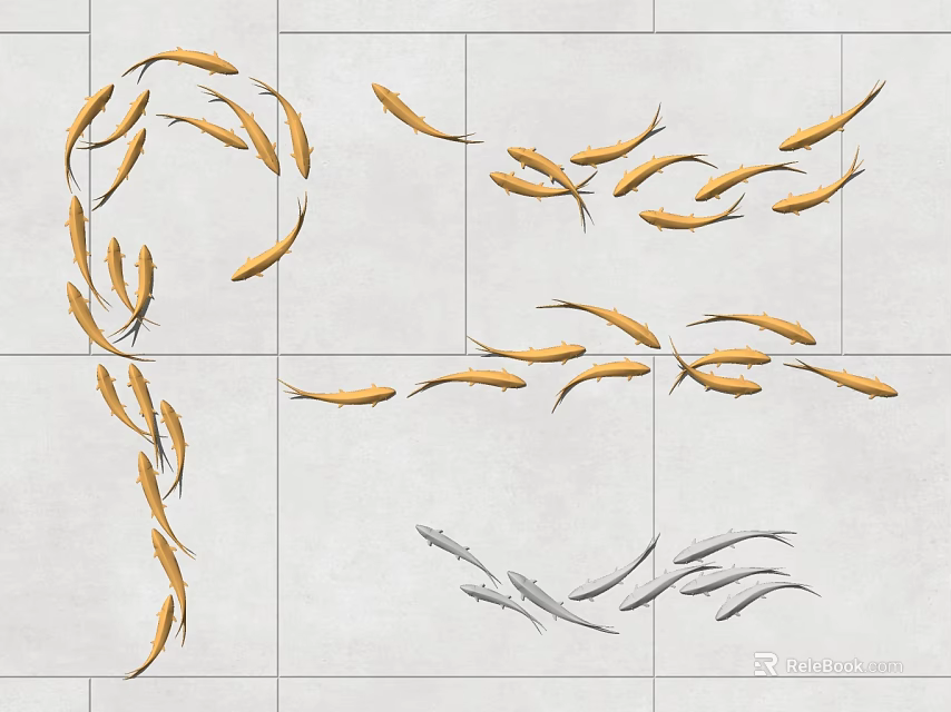 Golden and Silver Fish Pattern Wall Decor with Flowing Design on White Tiles 3d model 