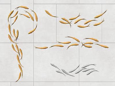Golden and Silver Fish Pattern Wall Decor with Flowing Design on White Tiles 3d model