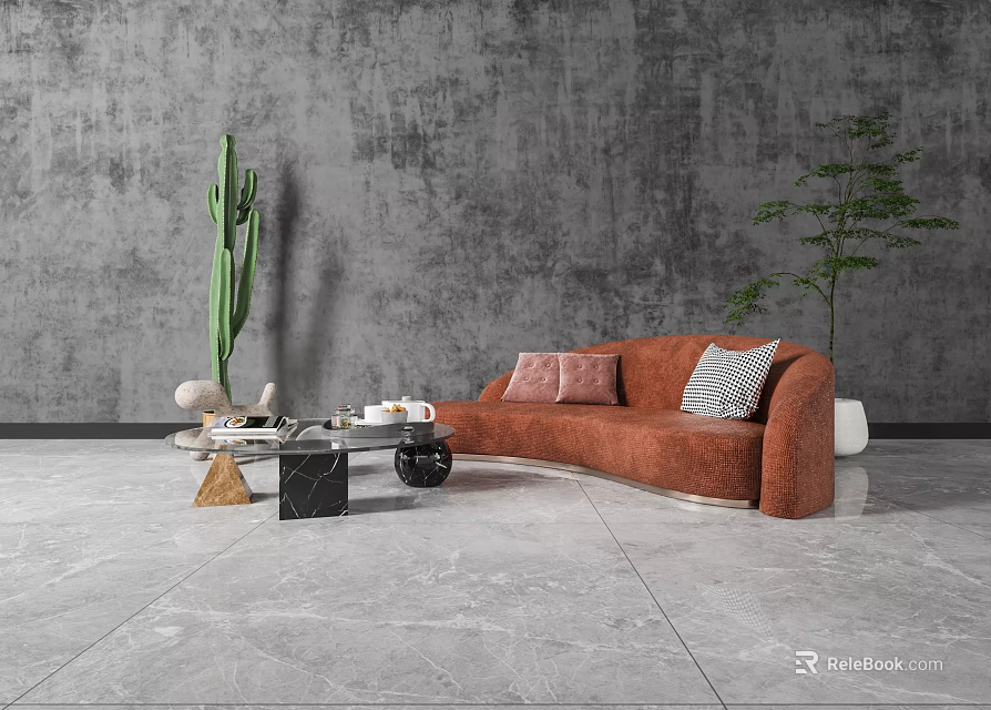 Modern Living Room With Orange Sectional Sofa Throw Pillows Coffee Table And Green Plants 3d model 