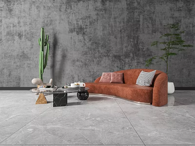 Modern Living Room With Orange Sectional Sofa Throw Pillows Coffee Table And Green Plants 3d model