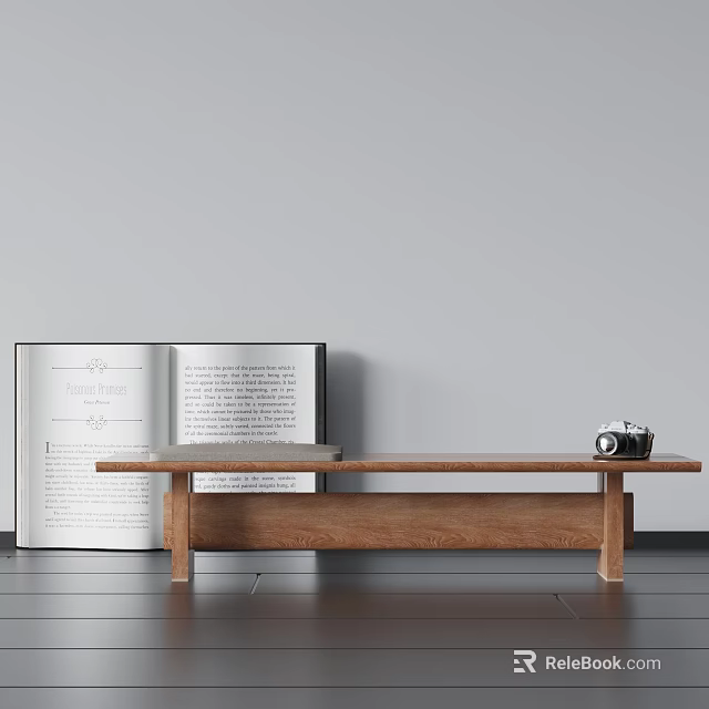 Minimalist Wooden Bench With Open Book And Camera Against Gray Wall Wooden Floor 3d model 