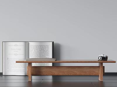 Minimalist Wooden Bench With Open Book And Camera Against Gray Wall Wooden Floor 3d model