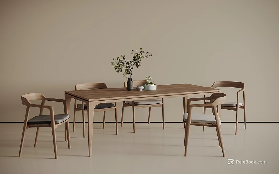 Minimalist Wooden Dining Table Set with Four Chairs Vase and Small Plants in Beige Room 3d model 