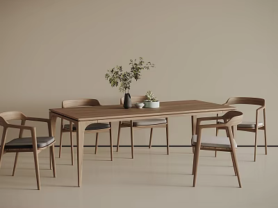 Minimalist Wooden Dining Table Set with Four Chairs Vase and Small Plants in Beige Room 3d model