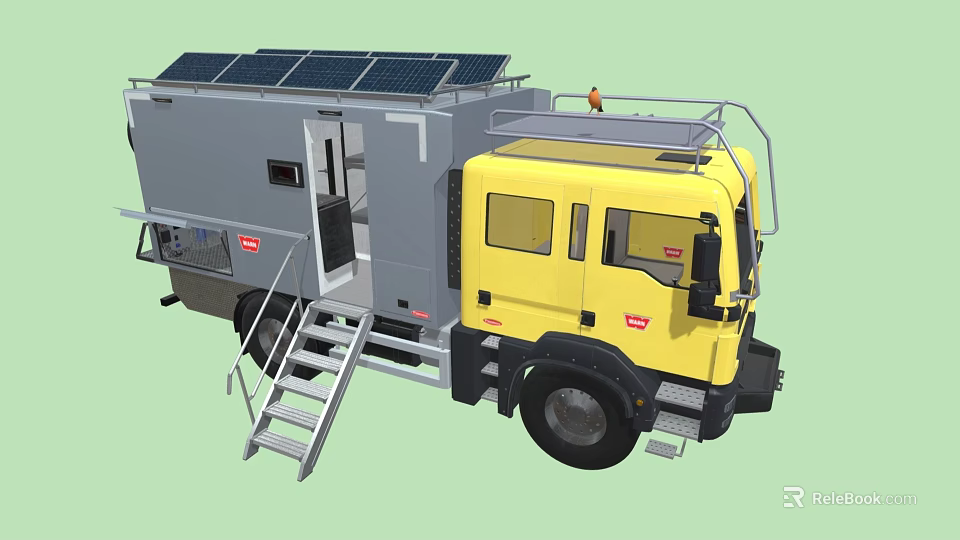 Yellow Utility Truck With Solar Panels On Roof Side Ladder And Equipment 3d model 