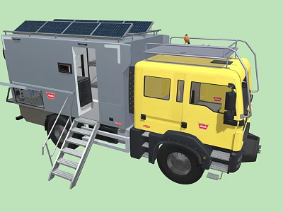 Yellow Utility Truck With Solar Panels On Roof Side Ladder And Equipment 3d model