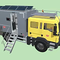 Yellow Utility Truck With Solar Panels On Roof Side Ladder And Equipment