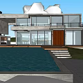 Modern Detached Villa with Swimming Pool Glass Windows and Wooden Terrace in Green Lawn