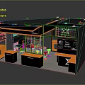 Modern Exhibition Booth Design With Black Orange Theme And Display Counters Tables Chairs 3d model