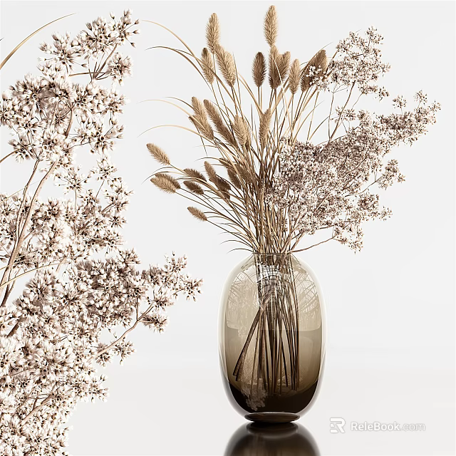 Natural Dried Flowers In Transparent Glass Vase With Feathery Blooms And Long Stems 3d model 