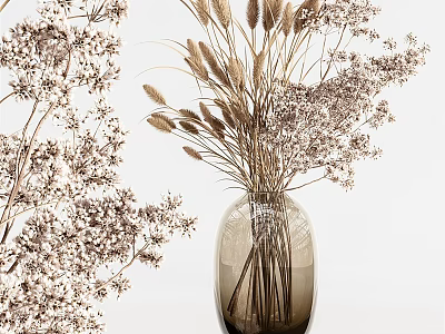 Natural Dried Flowers In Transparent Glass Vase With Feathery Blooms And Long Stems 3d model