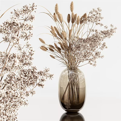 Natural Dried Flowers In Transparent Glass Vase With Feathery Blooms And Long Stems 3d model