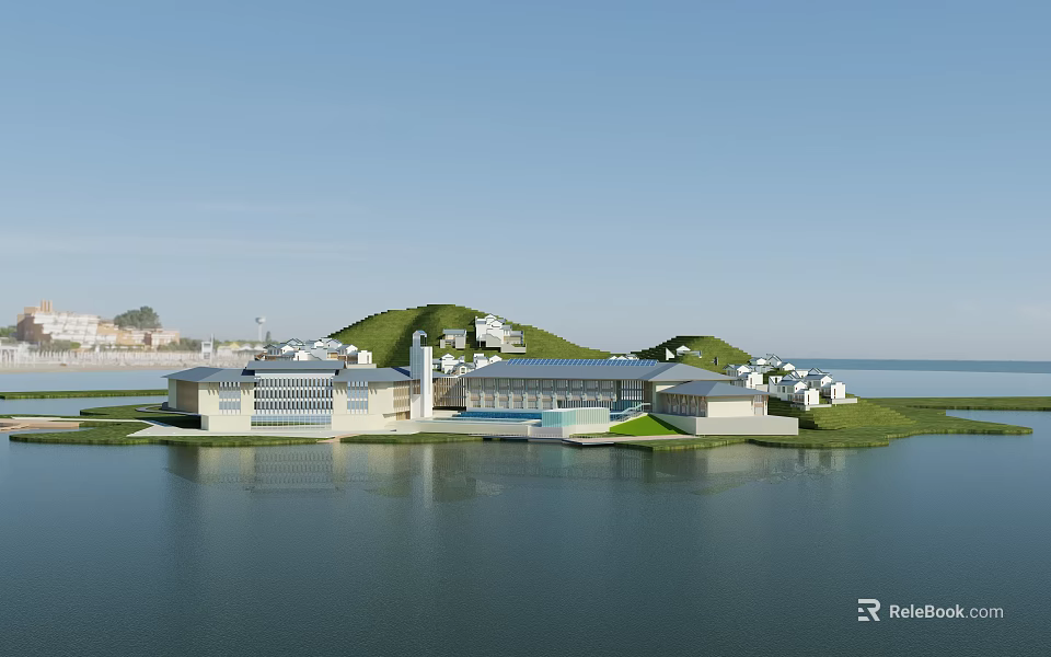 Aerial Planning of Waterfront Modern Buildings with Green Hills and Scenic Pool 3d model 