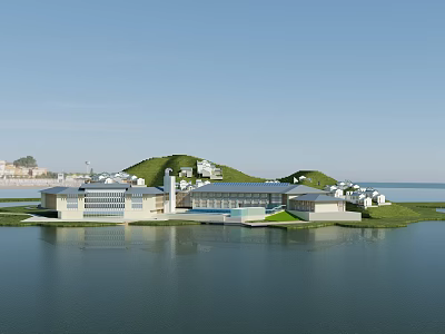 Aerial Planning of Waterfront Modern Buildings with Green Hills and Scenic Pool 3d model