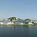 Aerial Planning of Waterfront Modern Buildings with Green Hills and Scenic Pool