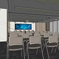 Modern Conference Room Interior Design With Arranged Chairs Large Screen And Ceiling Lights